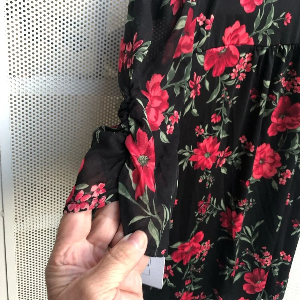 PerSeption Concept Black Blouse with Red Floral Print